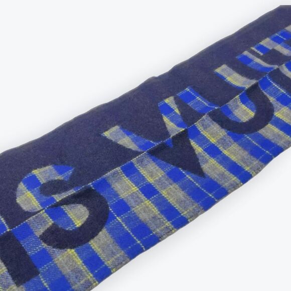 Auth Louis Vuitton Logo Plaid Blues Wool Cashmere scarf - Picture 9 of 10